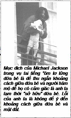 Text Box: Mục đích của Michael Jackson trong vụ tai tiếng “ôm lơ lửng đứa bé là để thu ngắn khoảng cách giữa đứa bé và người hâm mộ để họ có cảm giác là anh ta tạm thời “sở hữu” đứa bé. Lỗi của anh ta là không để ý đến khoảng cách giữa đứa bé và mặt đất. 